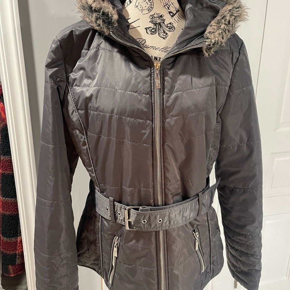 Guess Charcoal Puffer Jacket with Faux Fur Hood